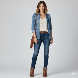 Chico's Blue Polka Dot Chambray Denim Button‎ Down Shirt Womens 2 Relaxed Fit